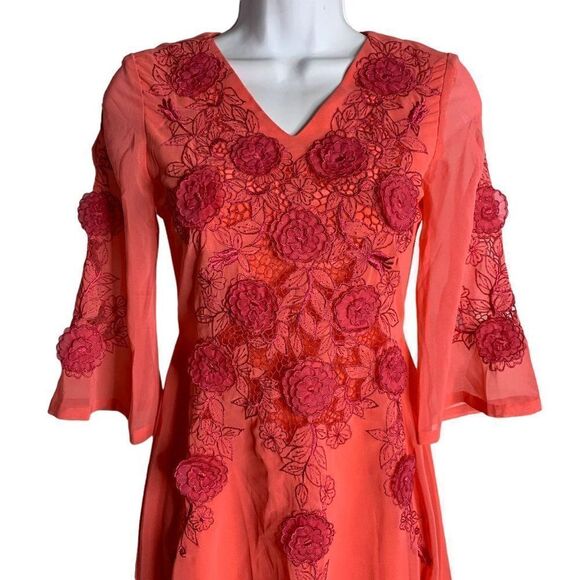 Vintage 60s Embroidered Chiffon Maxi Dress S Pink Floral Bell Sleeve Lined Zip - Picture 2 of 6